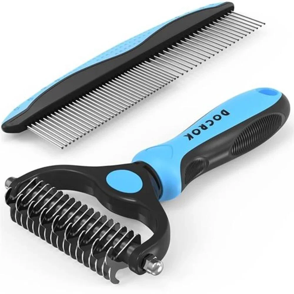 Pet Grooming Brush and Metal Comb Combo, Cat Brush Dog Brush for Shedding